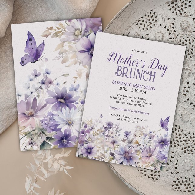 Invitation Élégant Violet Fleur sauvage Fête des Mères Brunch (Modern elegant purple wildflowers and butterfly Mother's Day brunch luncheon or event invitations)