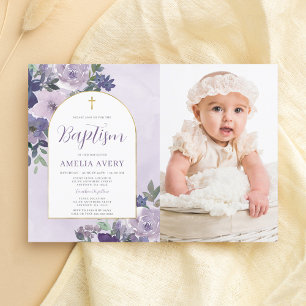 Invitation Élégant violet floral Arc d'or fille Baptême Photo