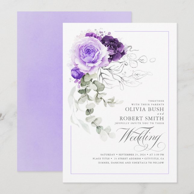 Invitation Élégant violet Floral Argent vert Boho Mariage (Devant / Derrière)