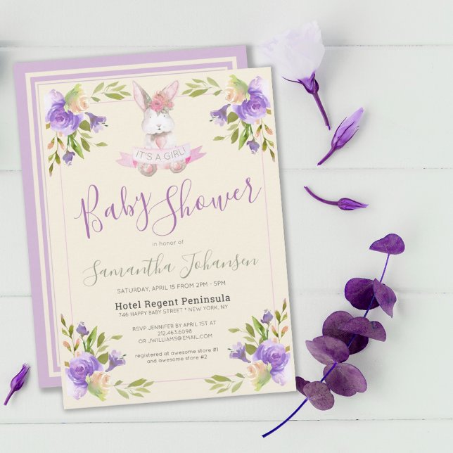 Invitation Élégant violet Floral & Bunny Baby shower fille (ELEGANT LAVENDER PURPLE FLORAL & BUNNY GIRL BABY SHOWER INVITATION)