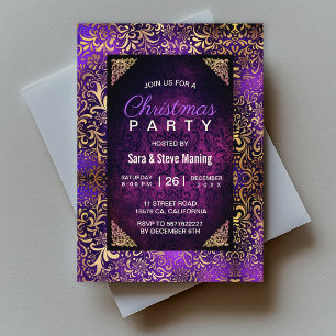Invitation Elégant violet floral damassé faux or Noël