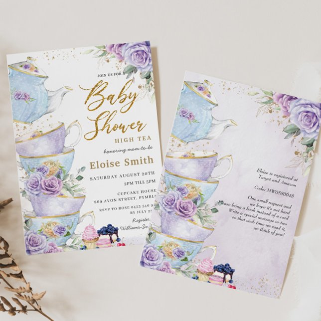 Invitation Élégant violet Floral High Tea Party Baby shower (Créateur téléchargé)