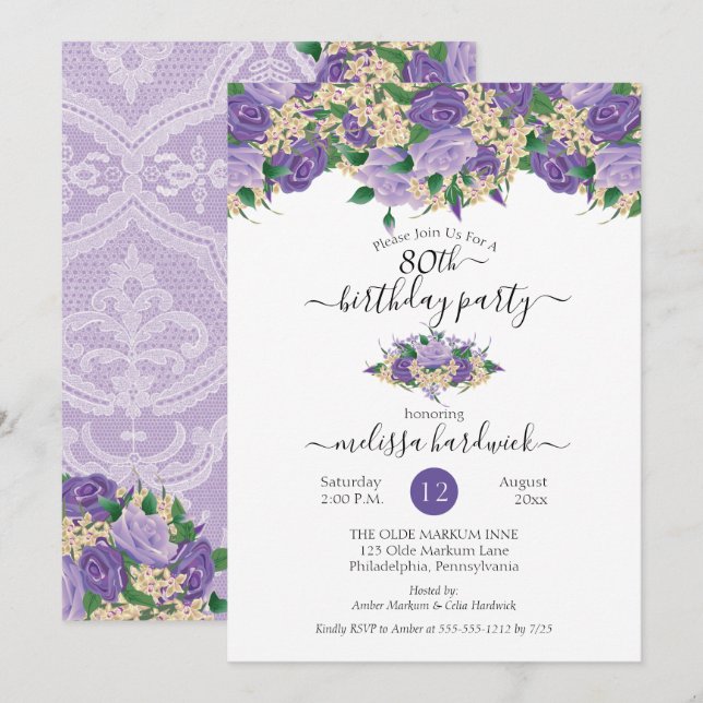 Invitation Élégant violet floral | Lace 80e fête d'anniversai (Devant / Derrière)