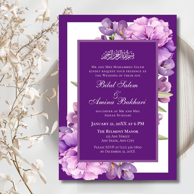 Invitation Élégant violet Floral Mariage islamique (Créateur téléchargé)