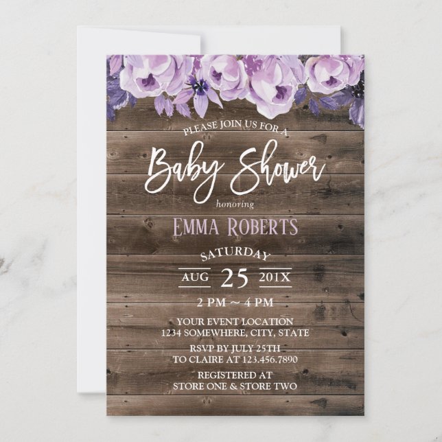 Invitation Élégant violet Floral Rustic Grange Baby shower (Devant)