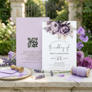 Invitation Élégant violet florale Lilac QR Code Mariage