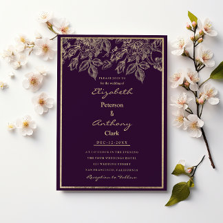 Invitation Élégant violet foncé or luxueux Mariage floral de 