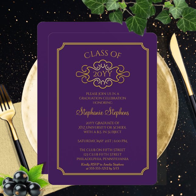 Invitation Élégant violet | Gold College Graduation Party (Elegant Purple | Gold Tone College University Graduation Announcement Party Invitation Print Digital)