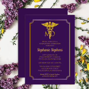 Invitation Élégant violet Gold MD Médecin Partie de graduati