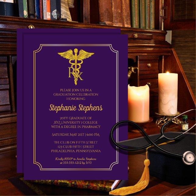 Invitation Élégant violet | Gold Rx Pharmacy Graduation Party (Elegant Purple and Gold Tone Rx Pharmacy Pharmacist Graduation Announcement | Party Invitation)