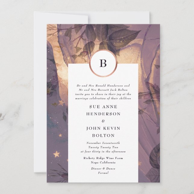 Invitation Elégant violet Imaginaire de Boho Floral Golden Fa (Devant)