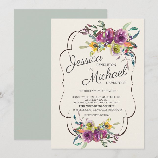 Invitation Elégant violet jaune Aquarelle Mariage floral (Devant / Derrière)