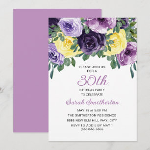 Invitation Élégant violet jaune floral 30e anniversaire