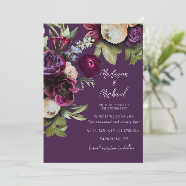Invitation Élégant violet Mariage de pivoines florales (Debout devant)