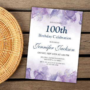 Invitation Elégant violet moderne et or floral 100e anniversa