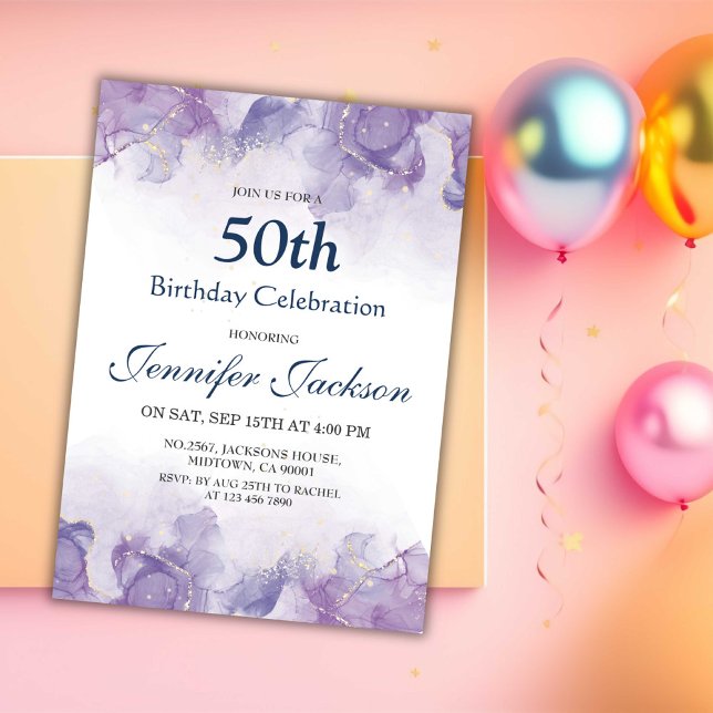 Invitation Elégant violet moderne et or floral 50e anniversai (Créateur téléchargé)
