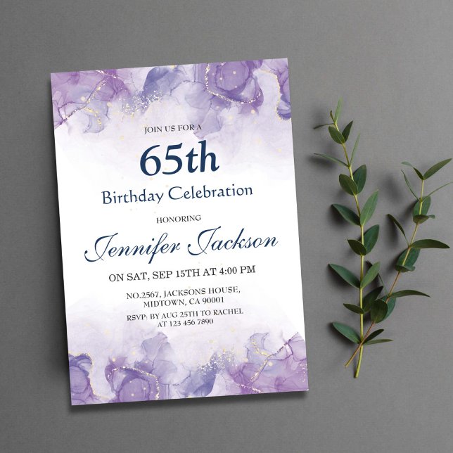 Invitation Élégant violet moderne et or floral 65e anniversai (Créateur téléchargé)