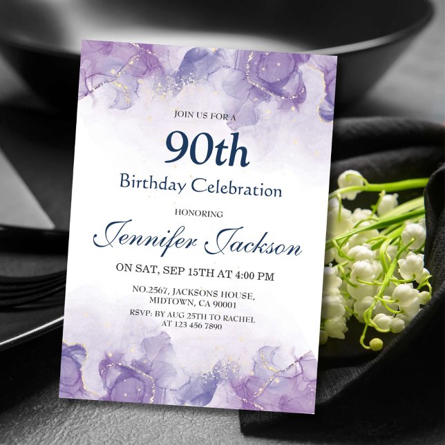 Invitation Elégant violet moderne et or floral 90e anniversai (Créateur téléchargé)