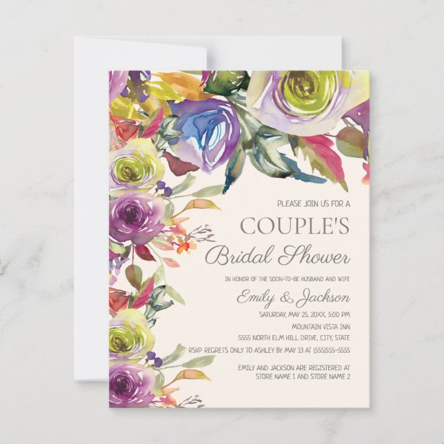 Invitation Elégant violet or Fête des mariées de couple Flora (Devant)