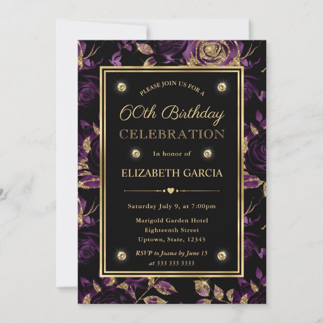 Invitation Elégant violet & or Rose Floral 60e anniversaire (Devant)