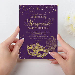 Invitation Elégant violet Parties scintillant or Masquerade S