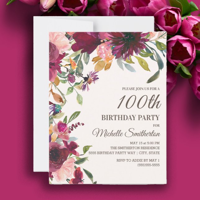 Invitation Élégant violet rose or floral 100e anniversaire (Burgundy and pink watercolor floral 100th birthday party invitation.)