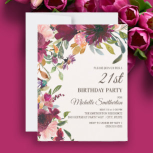 Invitation Élégant violet rose or floral 21e anniversaire