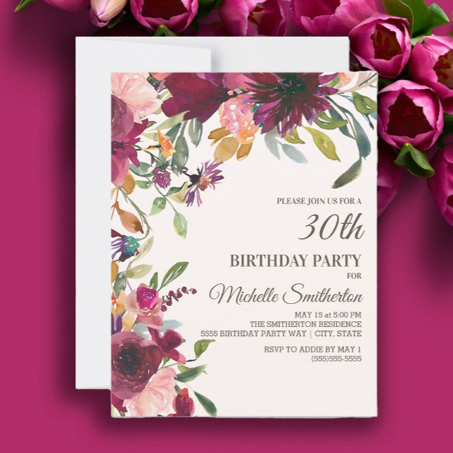 Invitation Élégant violet rose or floral 30e anniversaire (Burgundy and pink watercolor floral 30th birthday party invitation)