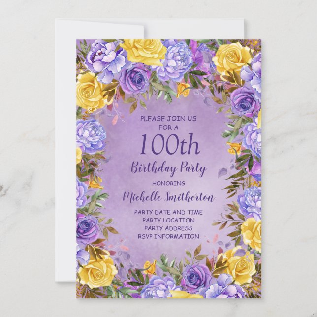 Invitation Élégant violet roses jaunes pivoines 100e annivers (Devant)