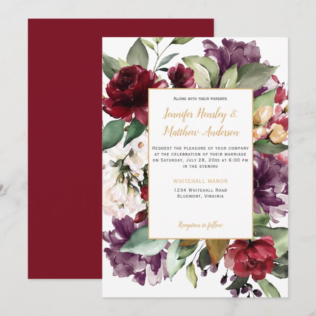 Invitation Élégant violet rouge or Mariage d'explosion floral (Devant / Derrière)