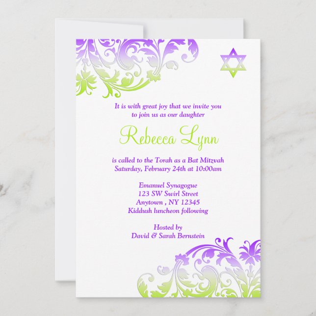 Invitation Élégant violet vert Bat mitzvah (Devant)