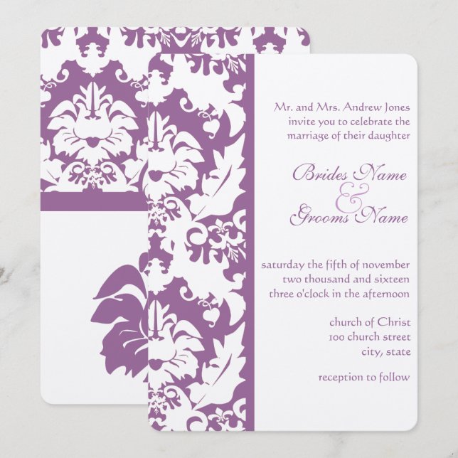 Invitation Élégant violet victorien Mariage damassé (Devant / Derrière)