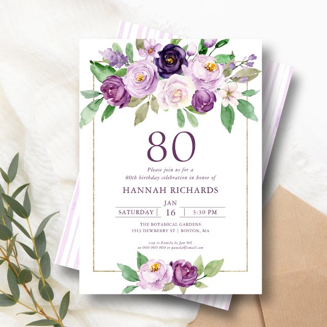 Invitation Élégant violet | Violet Floral 80e anniversaire (Créateur téléchargé)