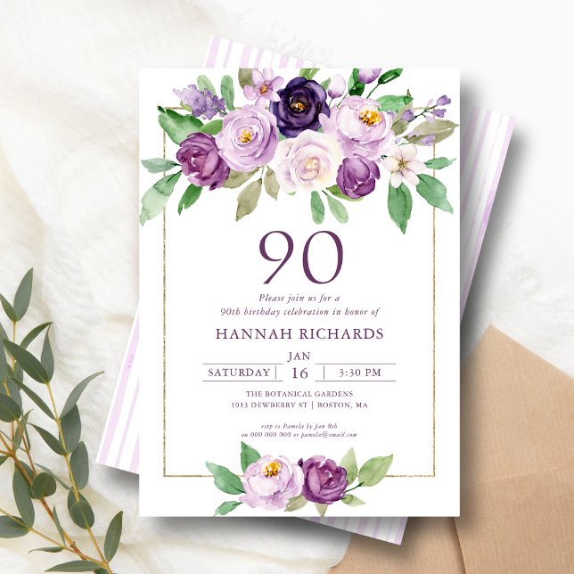 Invitation Élégant violet | Violet Floral 90e anniversaire (Créateur téléchargé)
