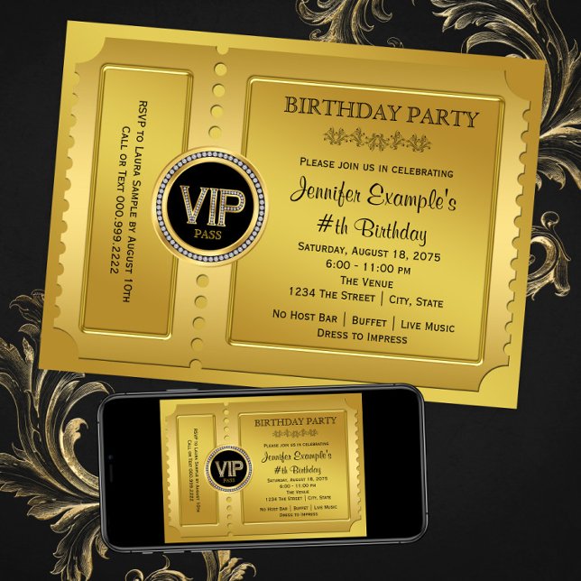 Invitation Élégant VIP Golden Ticket fête d'anniversaire (Any number or event - add your own text. Instant download and printed invitations available. )