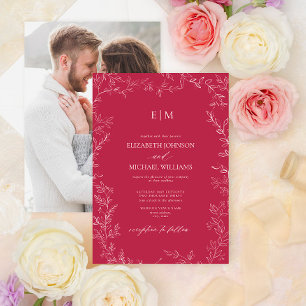 Invitation Élégant Vivid Magenta Feuille Mariage photo Monogr