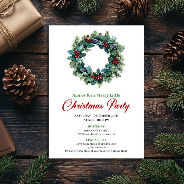 Invitation Elegant watercolor Christmas wreath dinner invite (Elegant watercolor Christmas wreath dinner invitation)