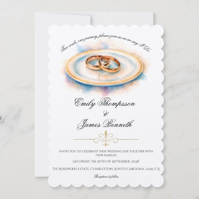 Invitation Elegant Watercolor Golden Rose Wedding Rings (Devant)
