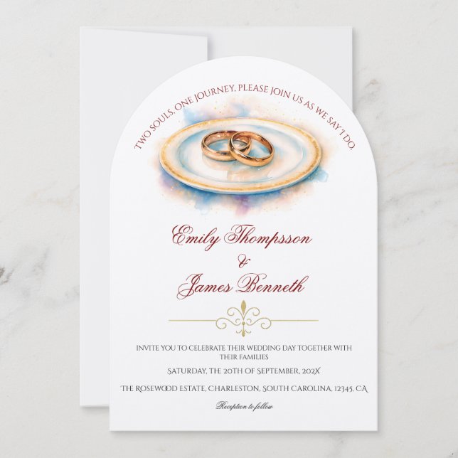 Invitation Elegant Watercolor Golden Rose Wedding Rings (Devant)