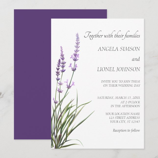 Invitation Elegant Watercolor Lavender Wedding  (Devant / Derrière)