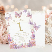 Elegant Watercolor One 1st Birthday Butterfly Gir