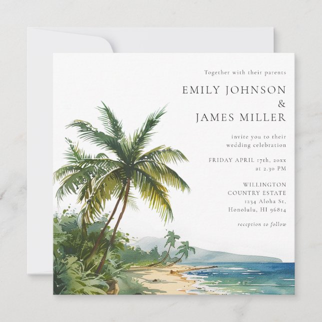 Invitation Elegant Watercolor Tropical Beach Wedding (Devant)