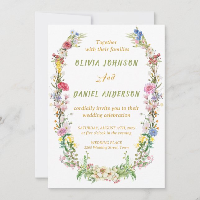Invitation Elegant Watercolor Wild Flowers Wedding (Devant)