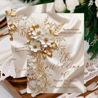 Invitation Elegant Wedding Beige White Gold Floral Silk