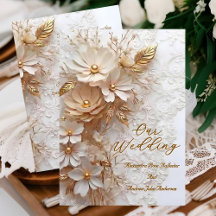 Elegant Wedding Beige White Lace Gold Flowers