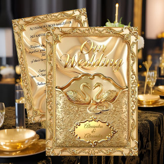 Invitation Elegant Wedding Golden Swans Rings Gold Diamonds