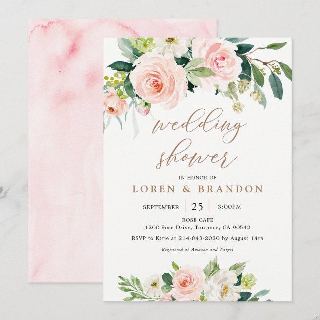 Invitation Élégant Wedding shower d'aquarelle de couleur de f (Devant / Derrière)