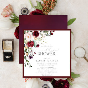 Invitation Elégant Wedding shower d'aquarelle florale bordeau