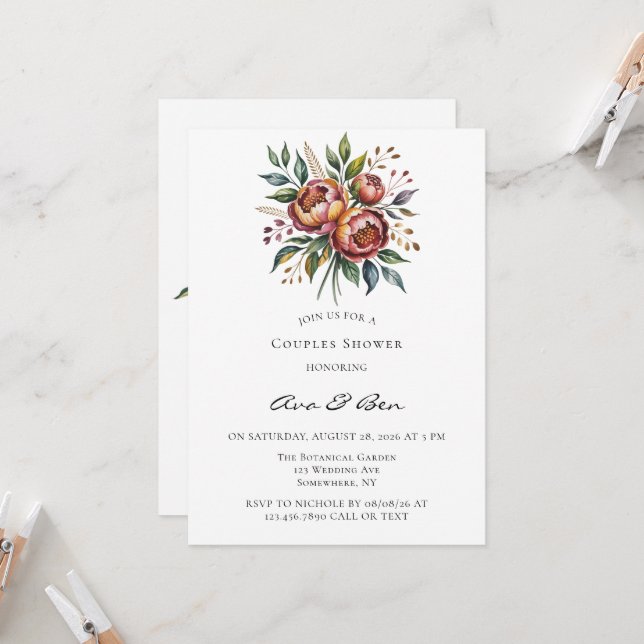 Invitation Elégant Wedding shower d'aquarelle Orange Peony (Devant/Arrière en situation)