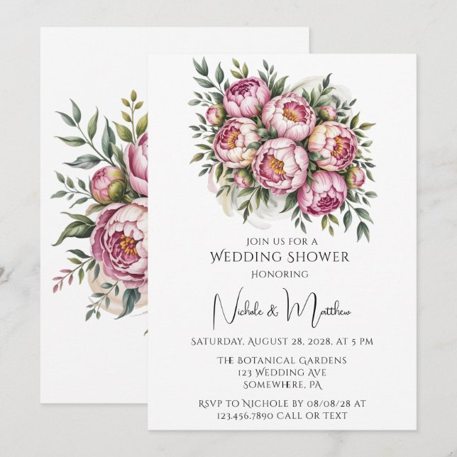 Invitation Élégant Wedding shower d'arrangement floral Peony (Devant / Derrière)